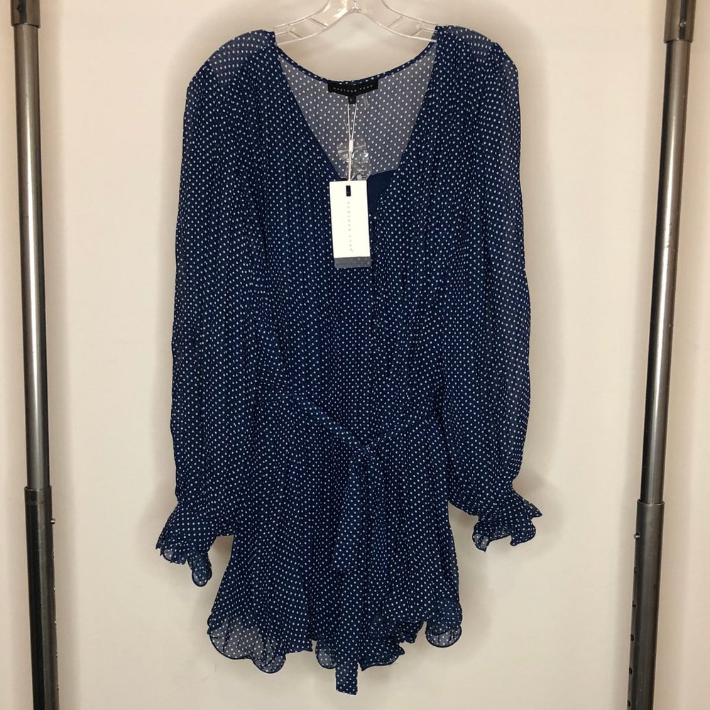 Endless Rose Pleated Polka Dot Short V Neck Balloon Sleeve Romper